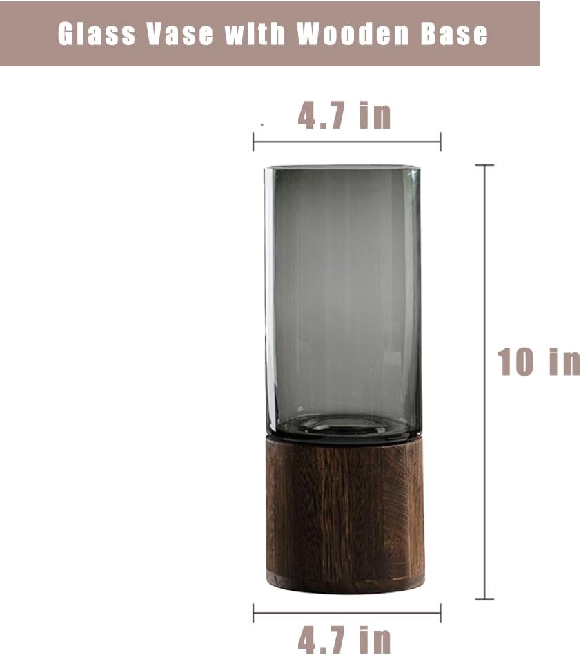 Artistic Wood Glass Vase, 10" H, Wooden Base Cylindrical Flower Vase, Classic Boho Rustic Style for Fireplace Bedroom Kitchen Living Room Centerpieces Office Desk - Image 2
