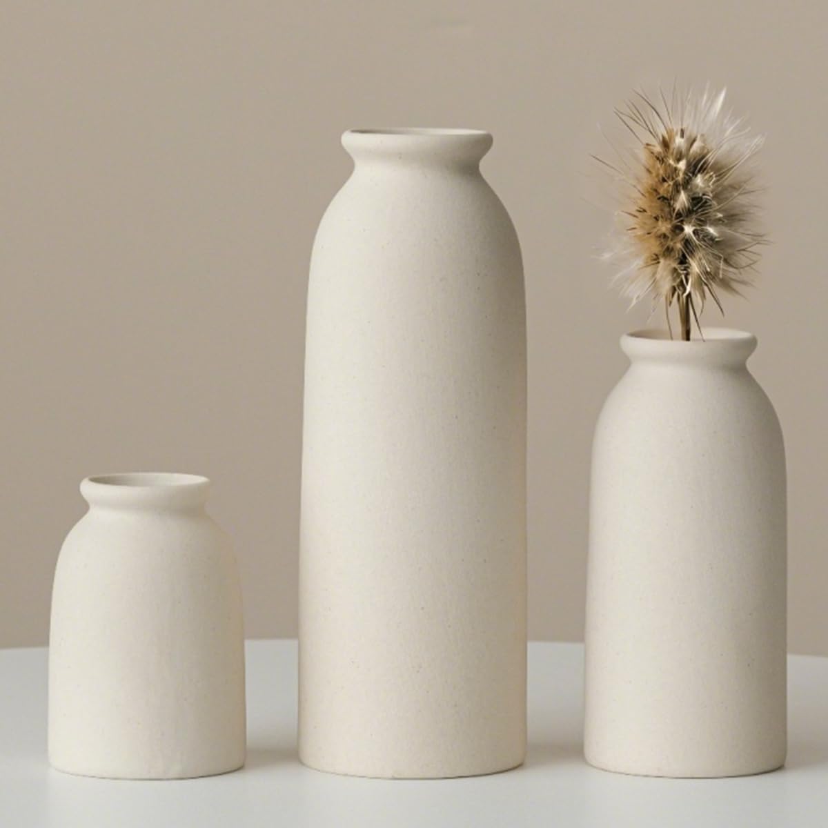 Ceramic Vase Set-3, Small Flower Vases for Decor, Modern Boho Farmhouse Style, Decorative Vases for Pampas Grass & Dried Flowers, Distressed Finish (Beige) - Image 2