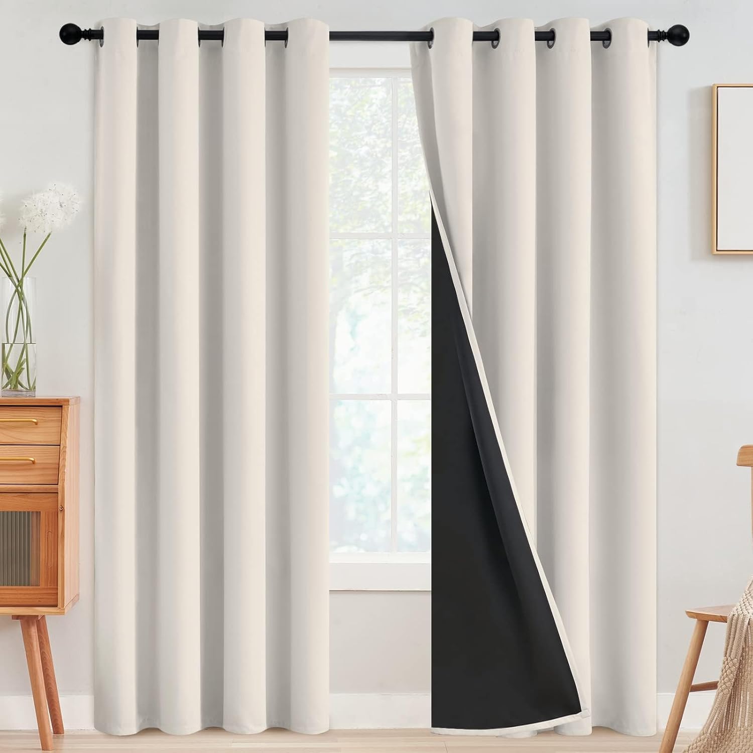Full-Blackout Grommet Curtains – Cream-Colored with Blackout Backing for Bedrooms (Set of 2)