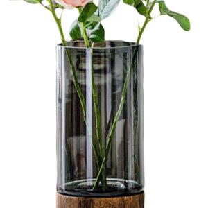 Artistic Wood Glass Vase, 10" H, Wooden Base Cylindrical Flower Vase, Classic Boho Rustic Style for Fireplace Bedroom Kitchen Living Room Centerpieces Office Desk
