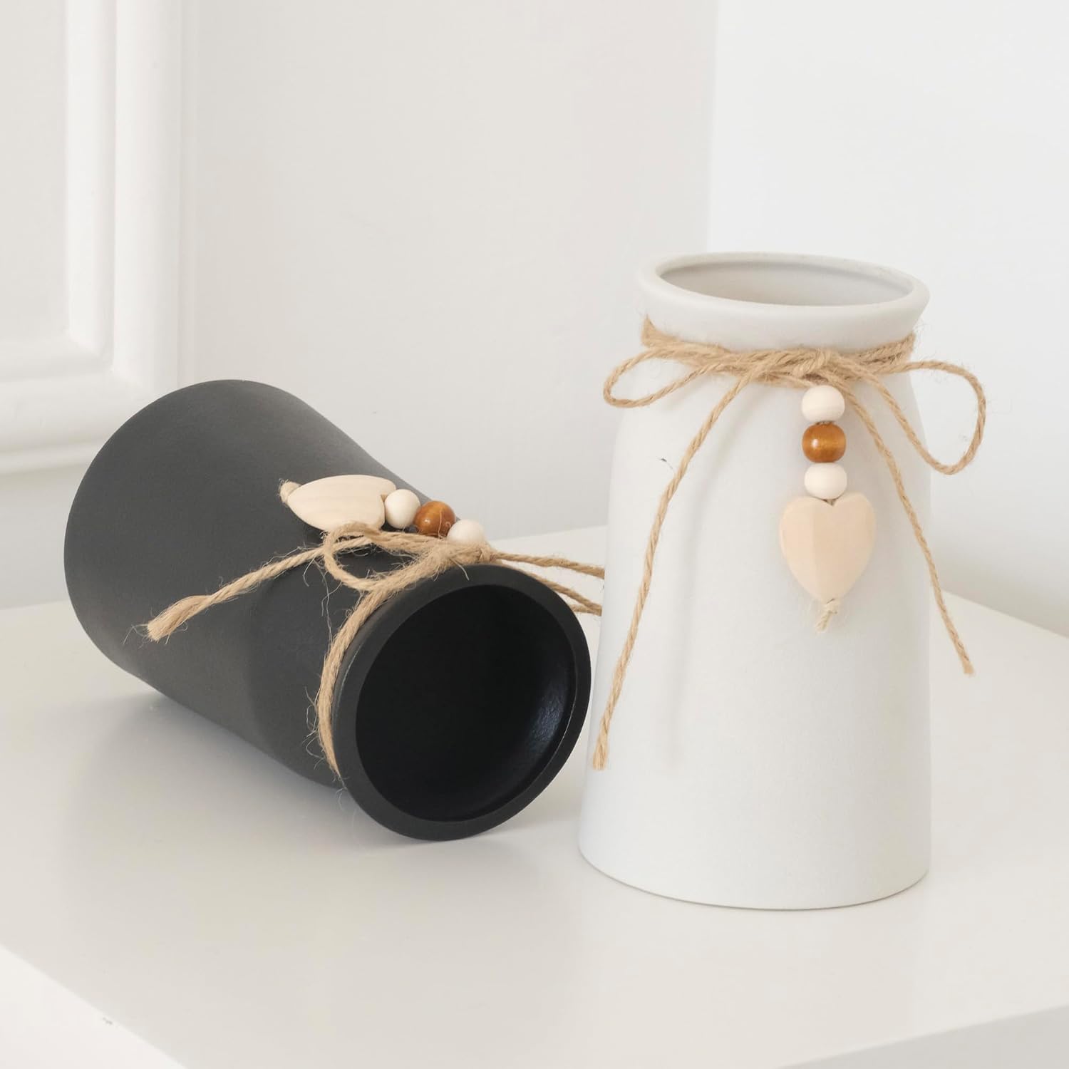 Charming 6-Inch Ceramic Vase | Jute Rope & Heart Charm Vase for Bohemian Farmhouse & Boho Décor, White Color - Image 2