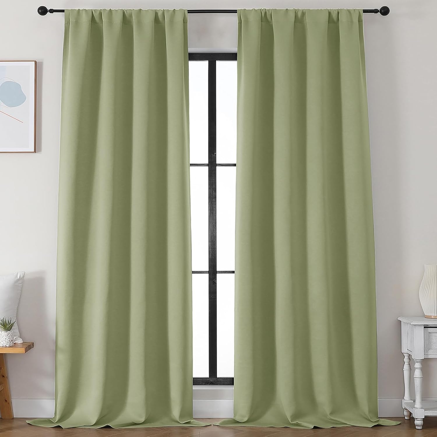 Sage Green Blackout Curtains – Insulated, Energy-Saving Fabric Window Drapes for Living Rooms (Set of 2)