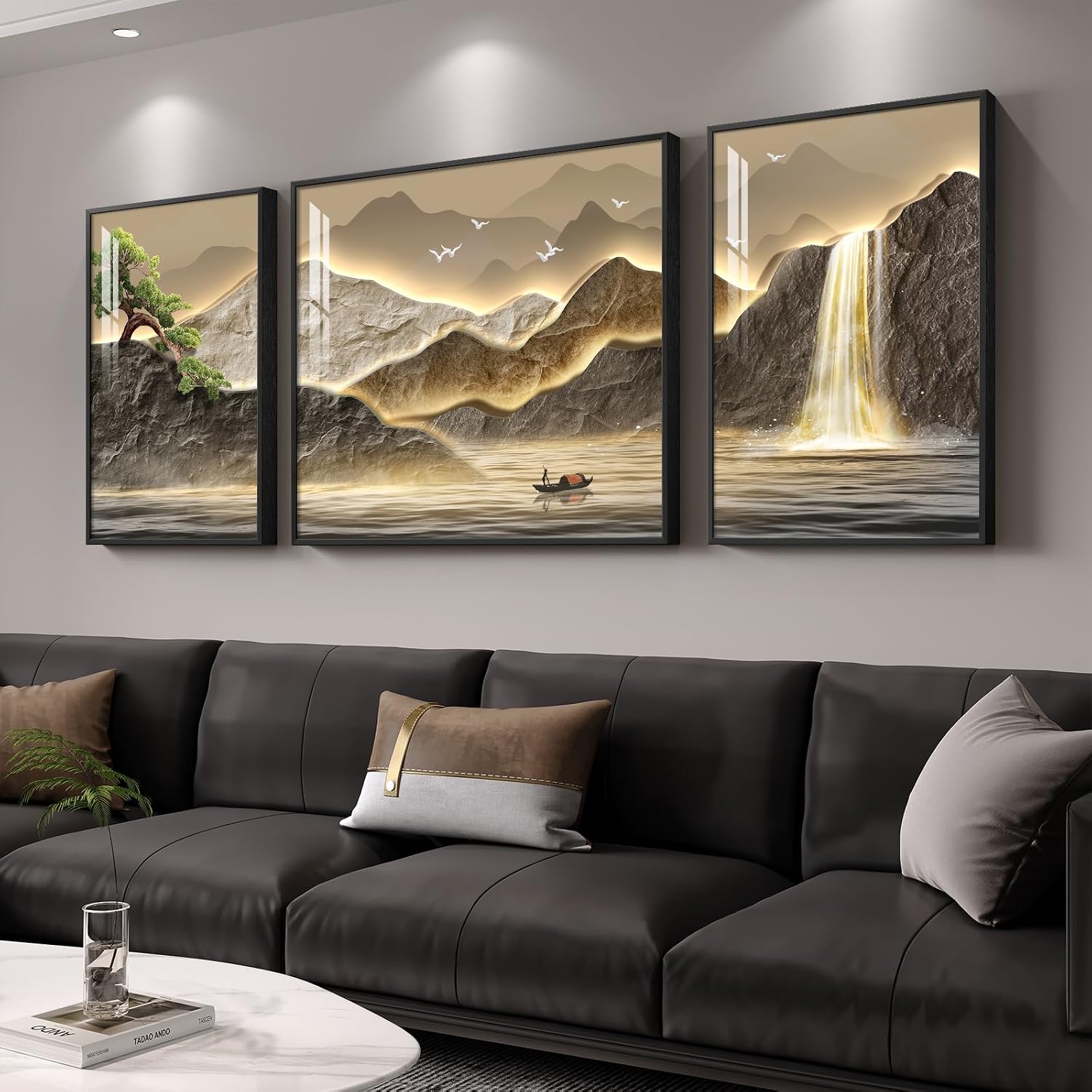 Framed Mountain Wall Art for Living Room, 3 Piece Brown Landscape Painting Prints, Modern Luxury Bright Style Pine Tree Waterfall Artwork for Dining Room,Hallway Office Wall Decor - Image 2