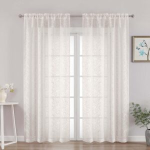 Extra-Wide Ivory-White Leaf-Pattern Sheer Curtains – Textured, Rod-Pocket, Double-Layer Style (Set of 2)