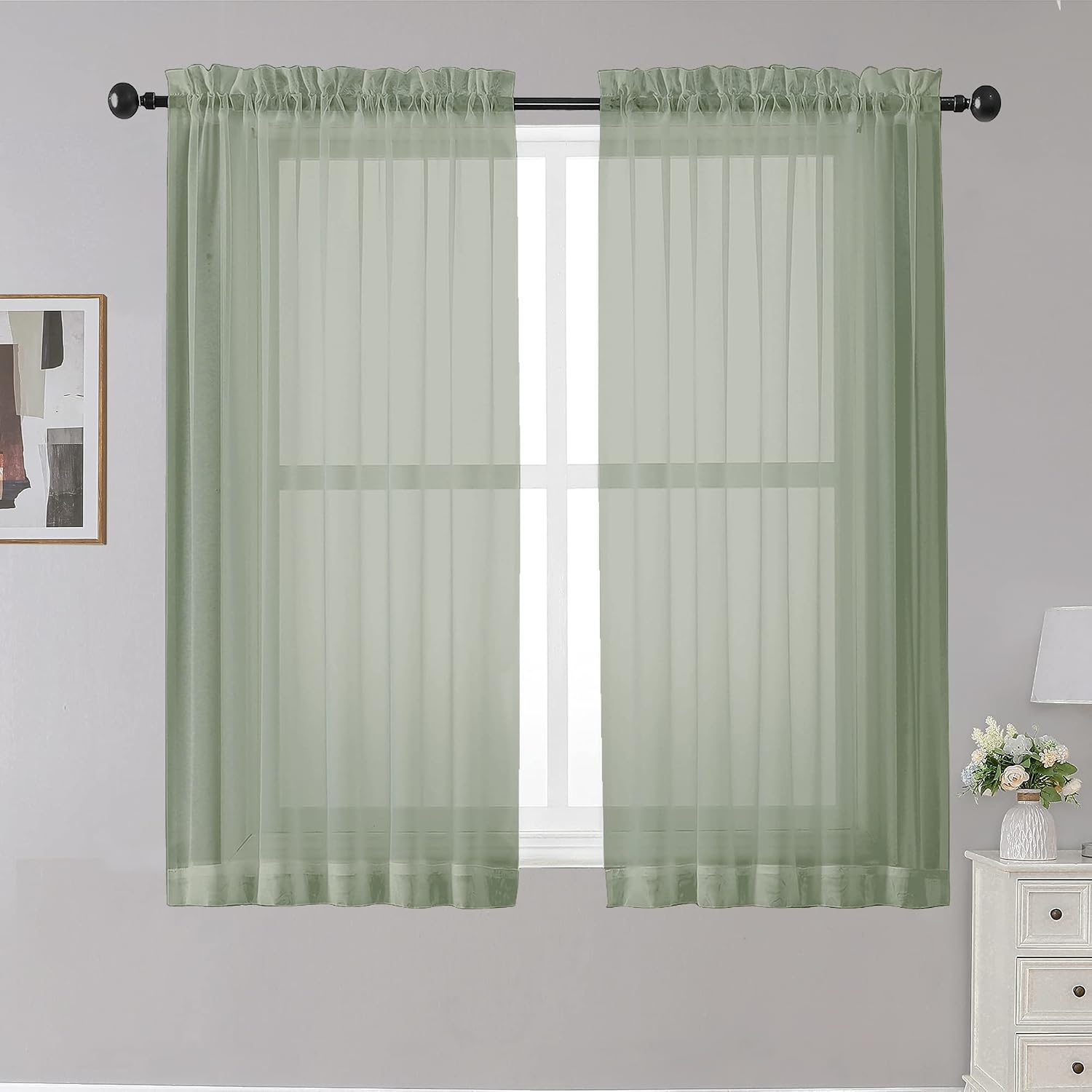 Sage Green Short Sheer Curtains – Light-Filtering, Ideal for Small Windows or Cafés (Set of 2)