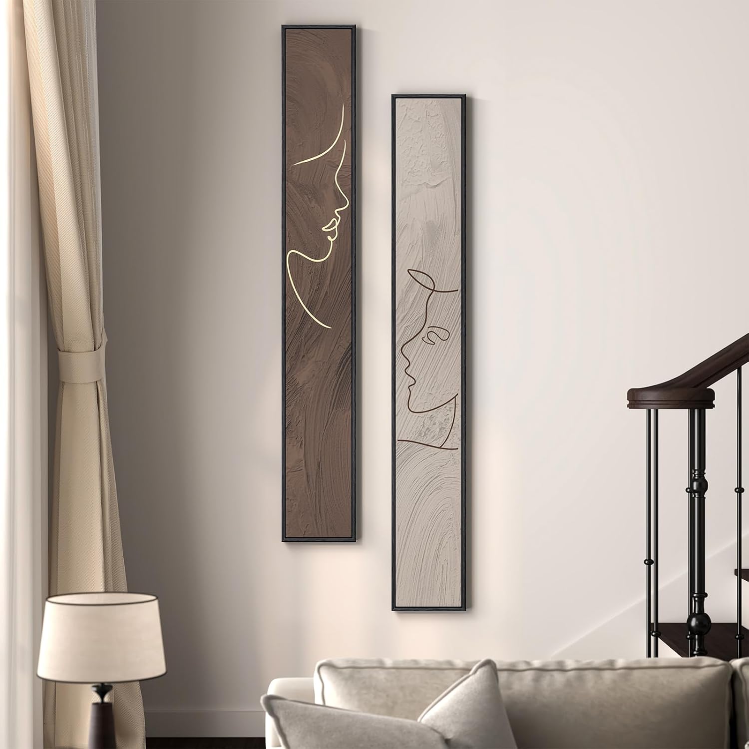 Long Narrow Framed Neutral Abstract Vertical Wall Art Set, 2 Piece Modern Canvas Prints Paintings Artwork for Walls, Beige and Brown Minimalist Pictures for Hallway Entryway Living Room Bedroom Decor - Image 2