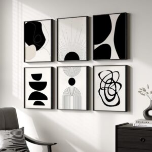 Framed Boho Black and White Abstract Wall Art, Set of 6 Modern Canvas Prints Paintings Artwork for Walls, Minimalist Geometric Pictures for Living Room Bedroom Office Bathroom Wall Decor 11x14 Inch