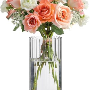 Glass Cylinder Vases, for Centerpieces, 8 Inch Tall Ribbed Vase Hurricane Floating Candle Holder, Decorative Flower Vases for Wedding Reception, Home Decor, Housewarming Gift (Clear)