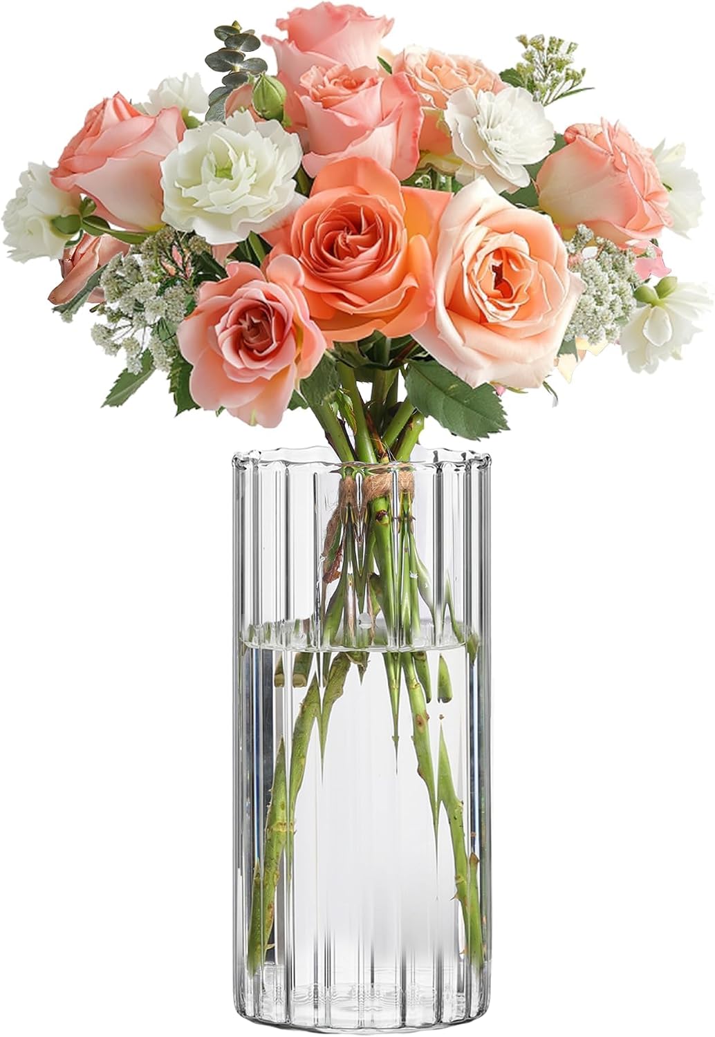 Glass Cylinder Vases, for Centerpieces, 8 Inch Tall Ribbed Vase Hurricane Floating Candle Holder, Decorative Flower Vases for Wedding Reception, Home Decor, Housewarming Gift (Clear)