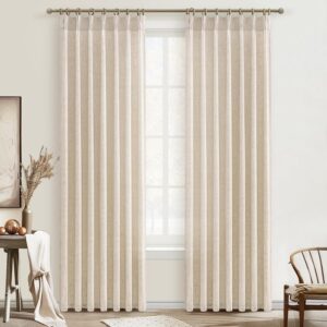 Beige Faux-Linen Semi-Blackout Curtains – Pleated, Hook-Style for Bedrooms (Set of 2)