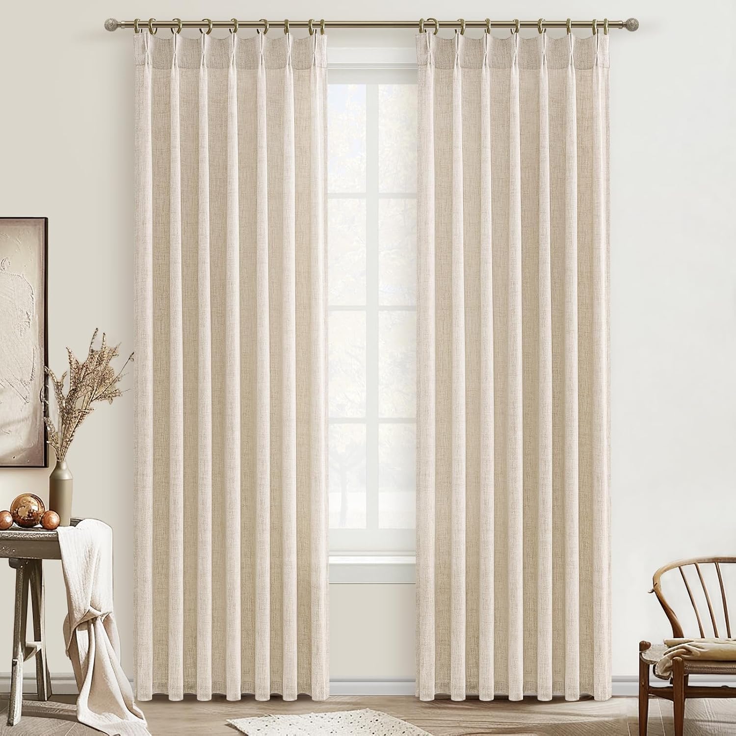 Beige Faux-Linen Semi-Blackout Curtains – Pleated, Hook-Style for Bedrooms (Set of 2)