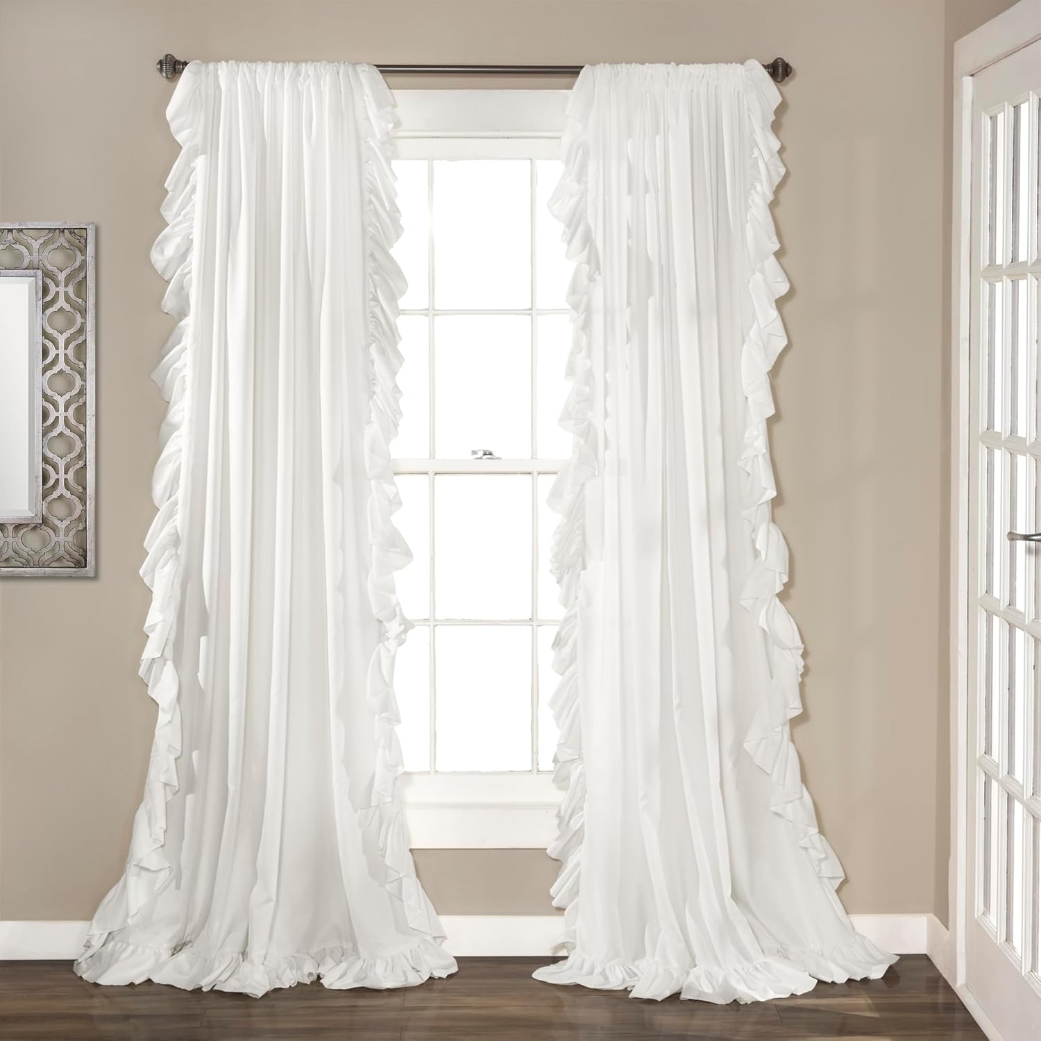 White Ruffled/Lace-Trim Curtains – Romantic, Pastoral-Style, Flowy Drapes for Bedrooms (Set of 2)