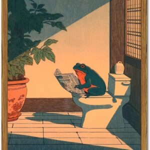 Funny Frog Bathroom Wall Art, Cute Japanese Frog in Toilet Wall Decor, Whimsical Green Animal Restroom Poster Canvas Painting Prints Artwork 12x16 inch Framed