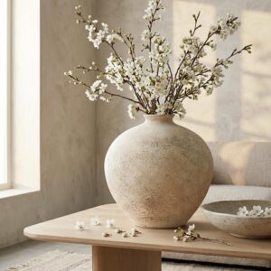 9.5 Inch Rustic Large Earthy Ceramic Vase for Home Decor, Distressed Textured Beige Pottery Vase, Modern Farmhouse Jar Vase for Pampas Grass Flowers Living Room Table Mantel Centerpiece Decor