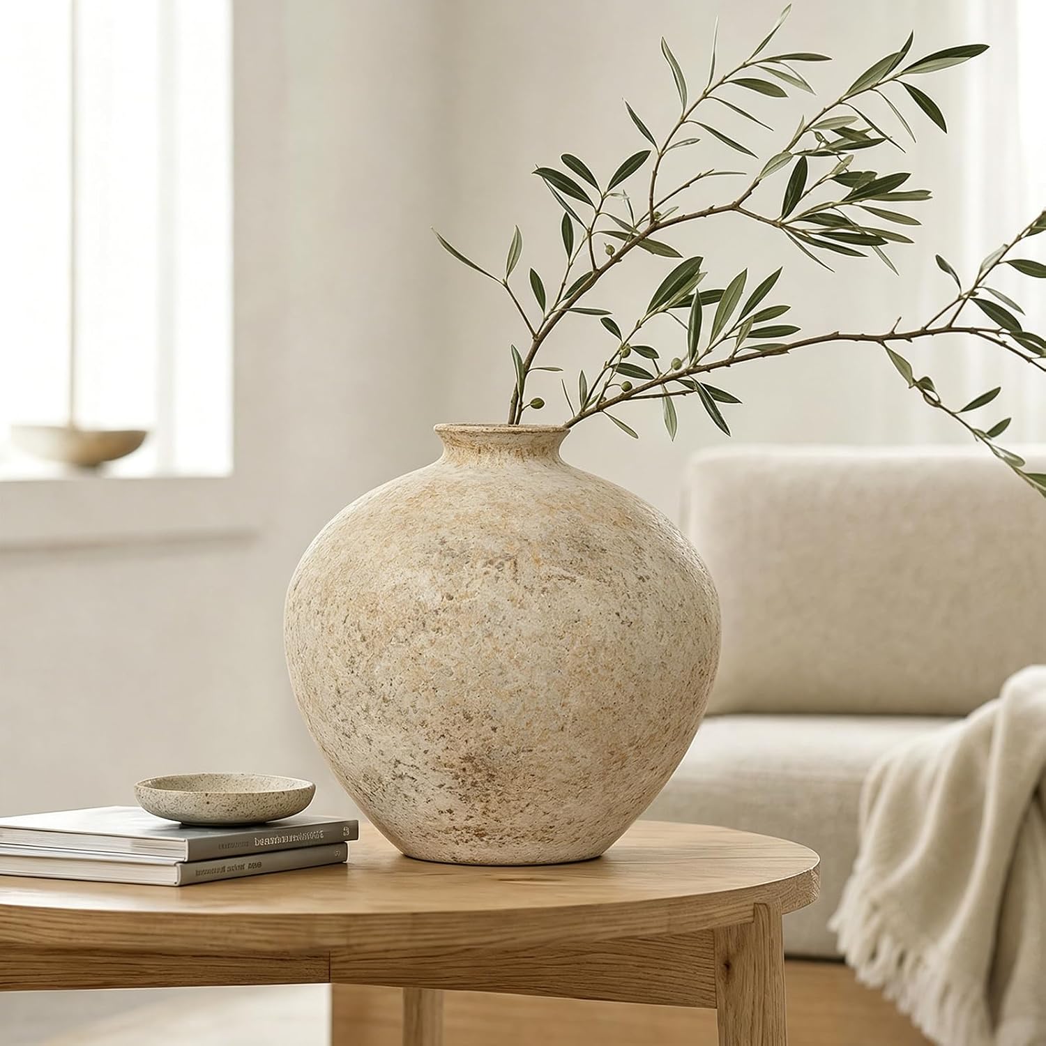9.5 Inch Rustic Large Earthy Ceramic Vase for Home Decor, Distressed Textured Beige Pottery Vase, Modern Farmhouse Jar Vase for Pampas Grass Flowers Living Room Table Mantel Centerpiece Decor - Image 2