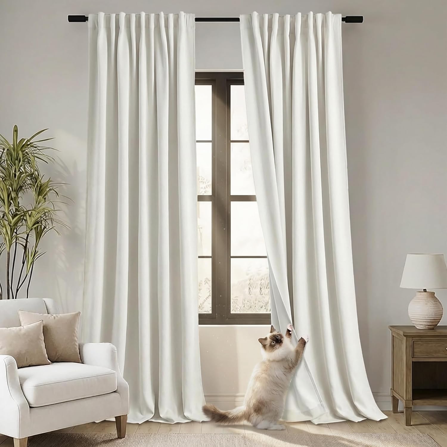 Scratch-Resistant (Pet-Friendly) Linen-Look Blackout Curtains – Cream-Colored, Back-Tab Style (Set of 2)
