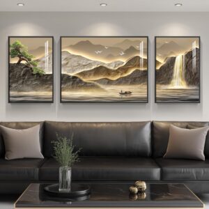 Framed Mountain Wall Art for Living Room, 3 Piece Brown Landscape Painting Prints, Modern Luxury Bright Style Pine Tree Waterfall Artwork for Dining Room,Hallway Office Wall Decor