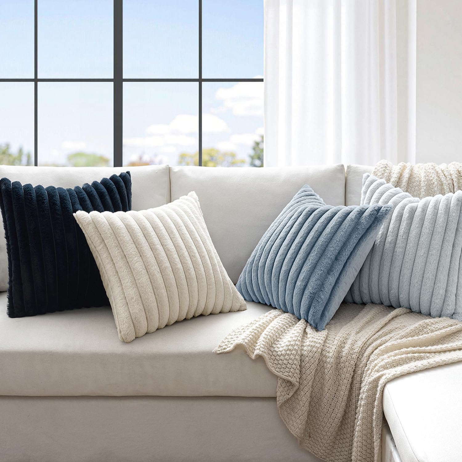 Faux Fur Plush Decorative Throw Pillow Covers 18x18 Set of 4, Summer Modern Soft Fuzzy Coastal Striped Cushion Covers for Sofa Couch Bed Living Room Cozy Home Decor,Navy Blue - Image 2
