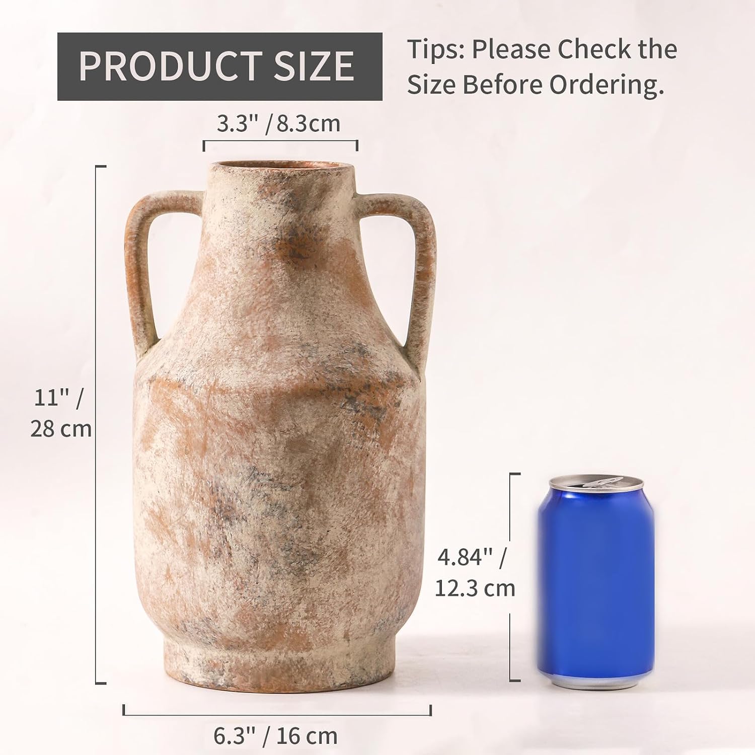 Ceramic Flower Vase with Handles, 11 inch Tall Vase for Centerpieces, Large Decorative Terracotta Vases, Farmhouse Rustic Vases for Home Decor, Living Room, Table, Neutral - Image 2