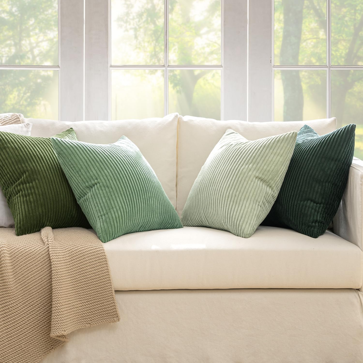 Boho Farmhouse Sage Green Throw Pillow Covers 18x18 Inch Set of 4 Mordern Nordic Cushion Covers Soft Corduroy Spring Home Decor for Couch Bed Sofa Living Room Forest Green - Image 2