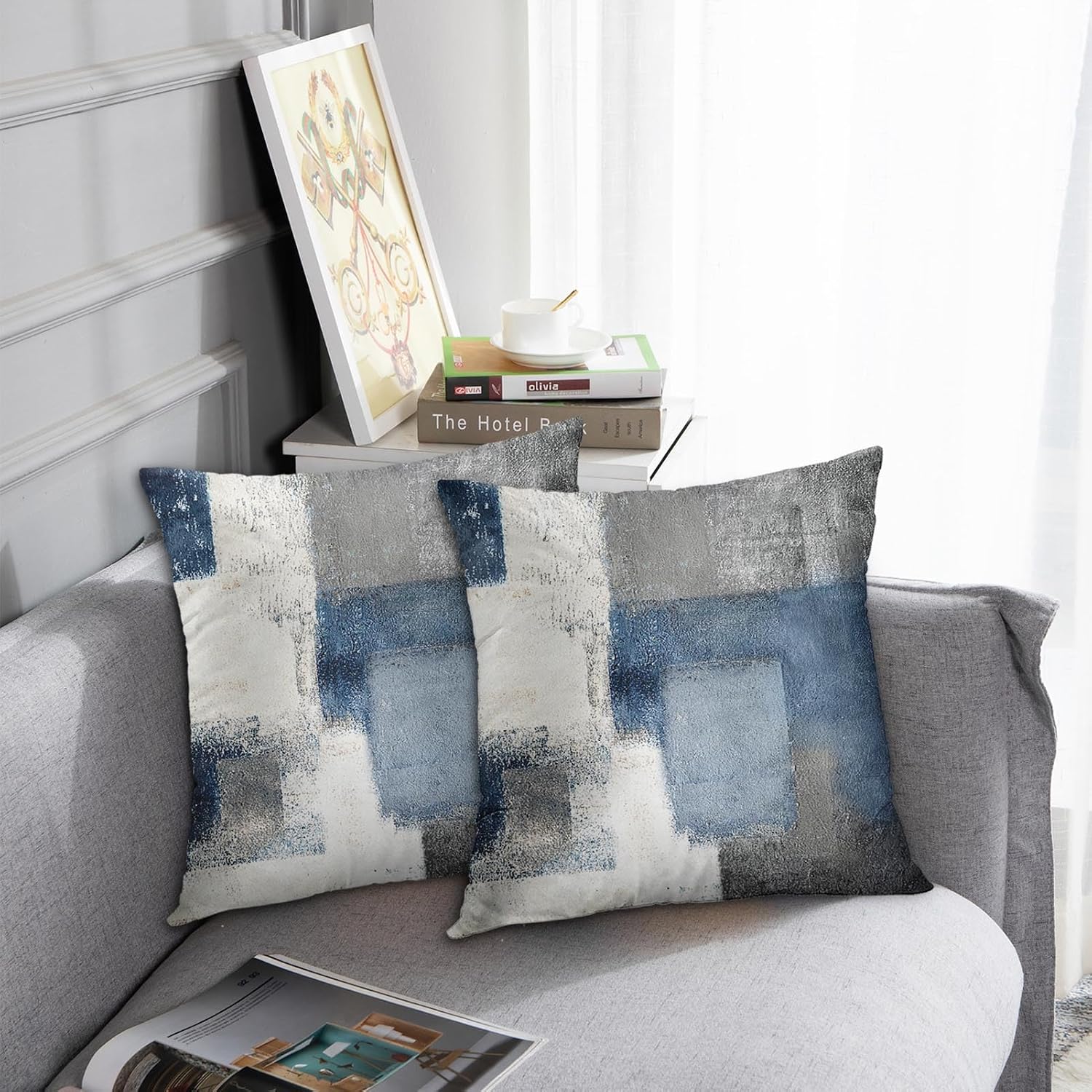 Set of 2 Throw Pillow Covers Modern Abstract Painting Blue White and Gray Decorative Sofa Pillow Cases Home Decor Standard Square 18x18 Inches Pillowcases - Image 2