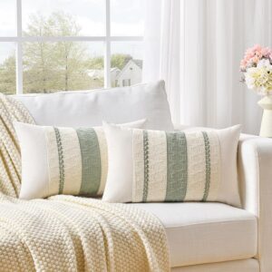 Set of 2 Sage Green Boho Lumbar Decorative Throw Pillow Covers 12x20 Inch for Living Room Bedroom Couch Bed Chair, Rustic Retro Cushion Case, Bohemian Room Home Decor