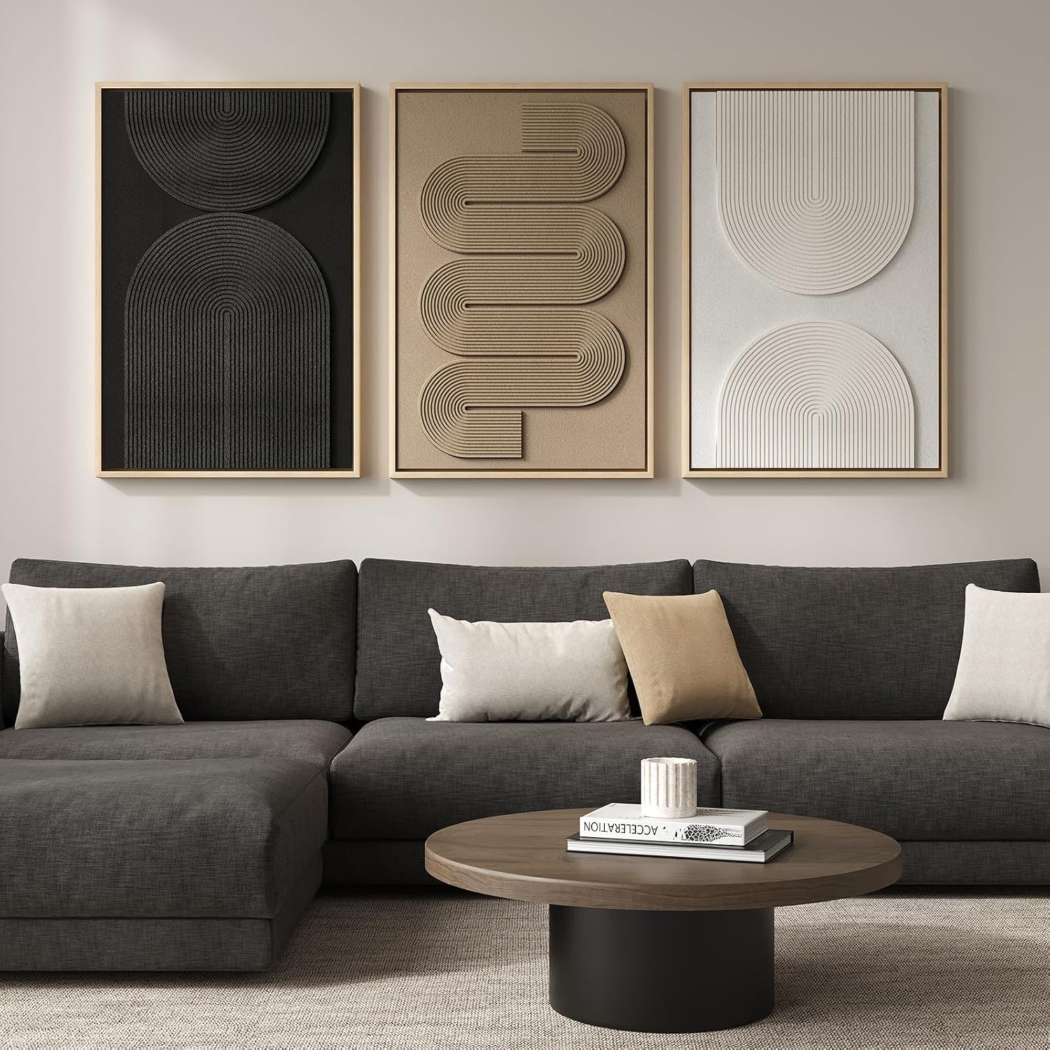 Large 3D Textured Framed Boho Modern Neutral Abstract Wall Art for Living Room, 3 Piece Black White Brown Paintings Artwork for Walls, Geometric Pictures for Office Bedroom Dining Room Decor, 24x36 In - Image 2