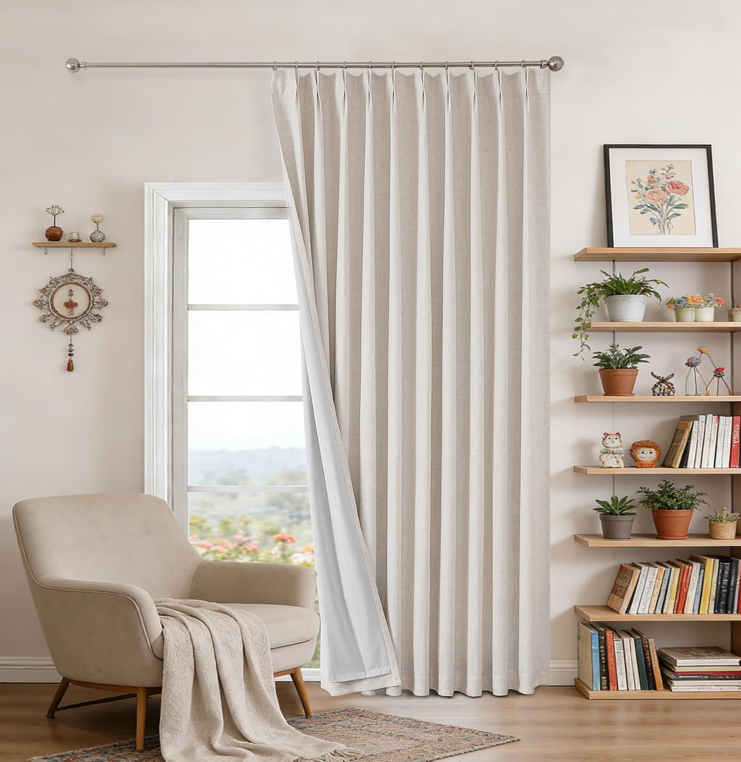 Linen-Blend Pleated Full-Blackout Curtains – Insulated, Hook-Style for Living Rooms and Bedrooms