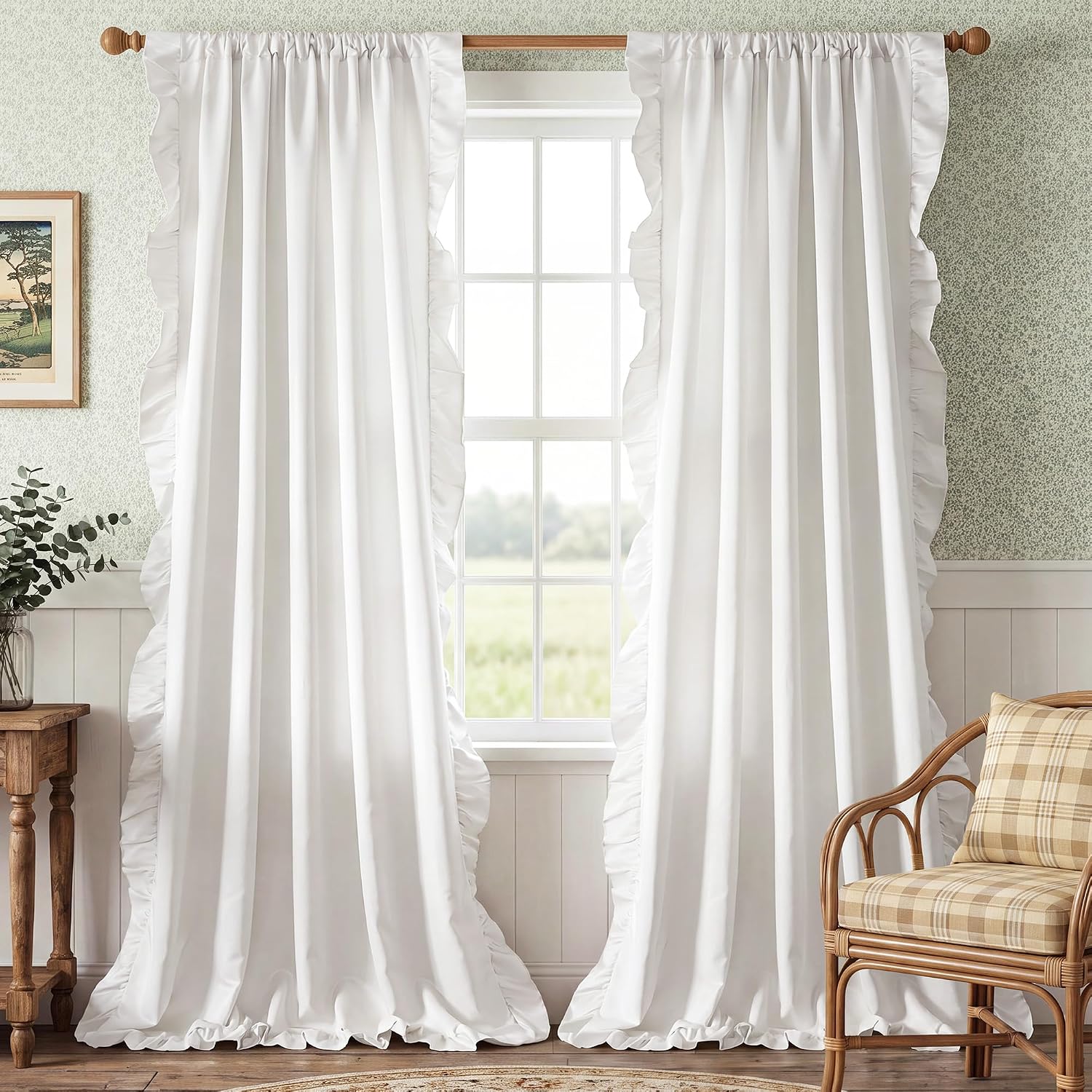 White Faux-Silk Curtains with Lace Trim Elegant Privacy-Enhancing Sheer Curtains (2-Panel Set)