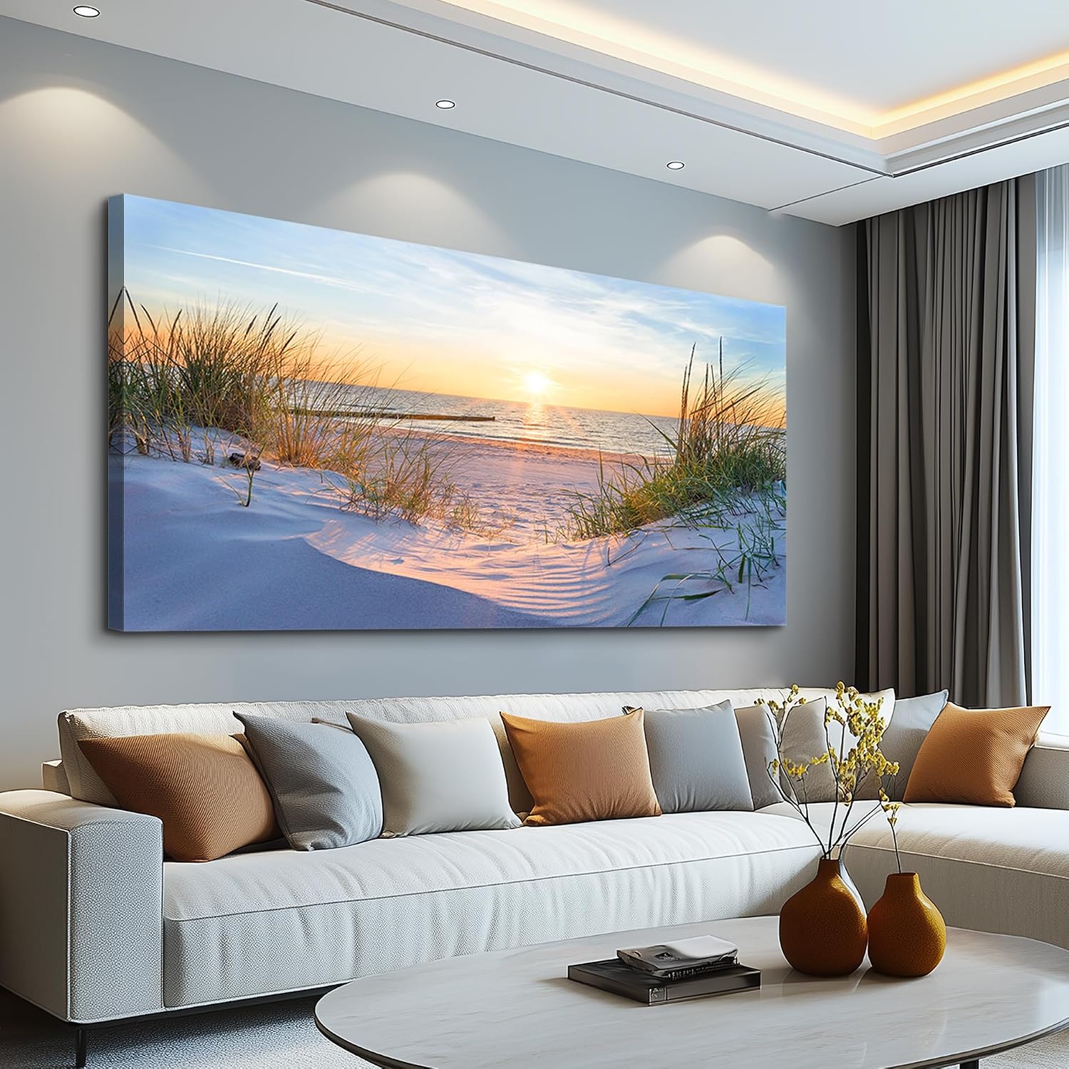 Wall Decor for Living Room Large Canvas Wall Art for Bedroom Modern Office Pictures Blue Sun Beach Grass Ocean Landscape Paintings Canvas Art Prints Home Decorations - Image 2