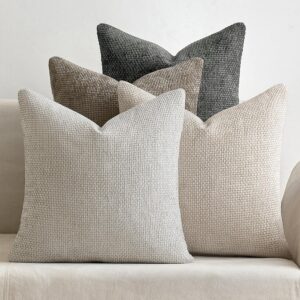 Pack of 4 Couch Throw Pillow Covers 18x18 Inch Neutral Soft Decorative Chenille Pillow Covers Farmhouse Boho Cushion Covers for Mid Century Modern Spring Home Decor Sofa Bedroom Living Room