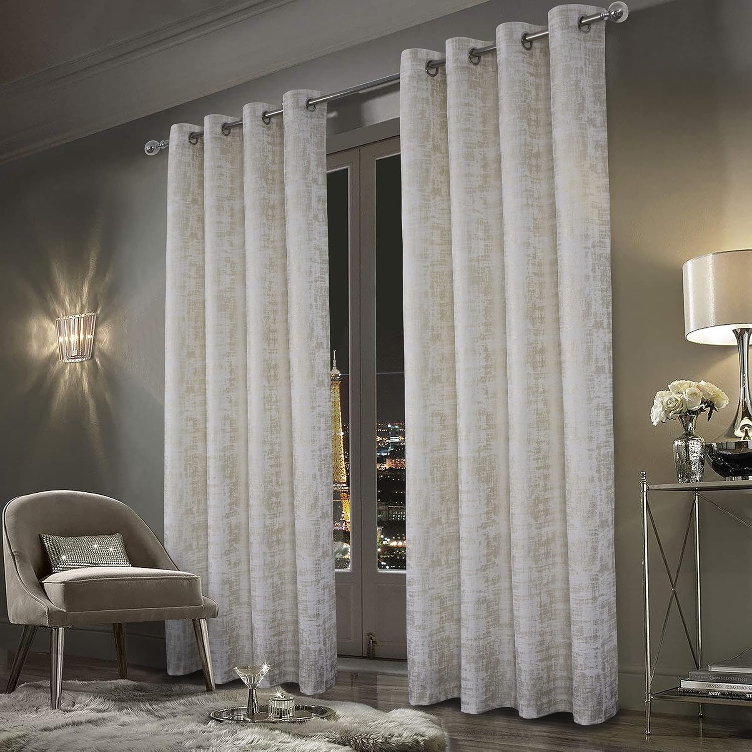 White Velvet Curtains with Gold-Foil Accents – Luxurious Style for Bedrooms and Living Rooms (Set of 2)