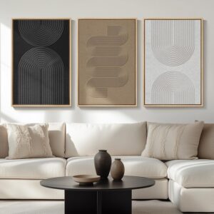 Large Framed Boho Modern Neutral Abstract Wall Art for Living Room, 3 Piece Black and White Canvas Prints Paintings Artwork for Walls, Geometric Pictures for Office Bedroom Dining Room Decor, 24x36 In