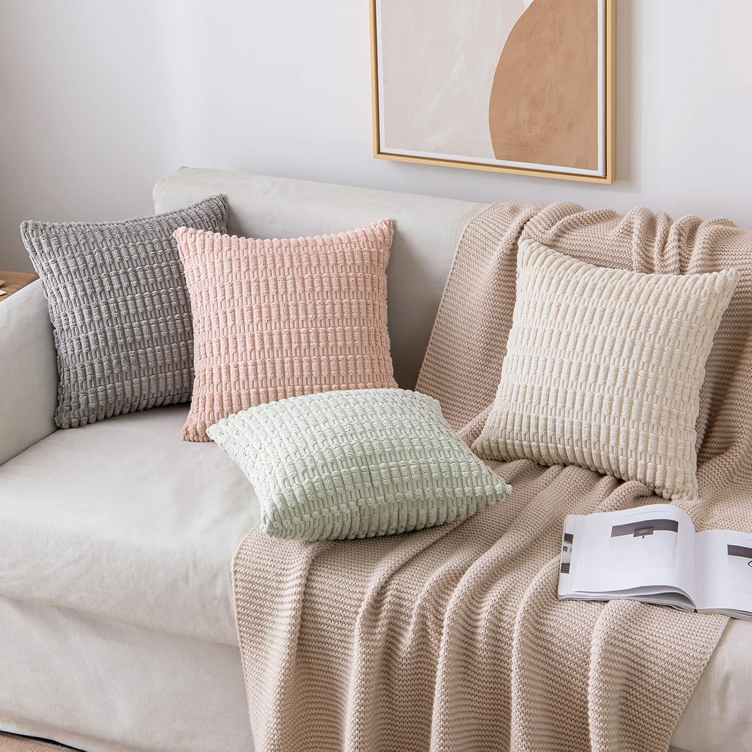 Pack of 2 Corduroy Decorative Throw Pillow Covers 18x18 Inch Soft Boho Striped Pillow Covers Modern Farmhouse Home Decor for Sofa Living Room Couch Bed Cream White - Image 2