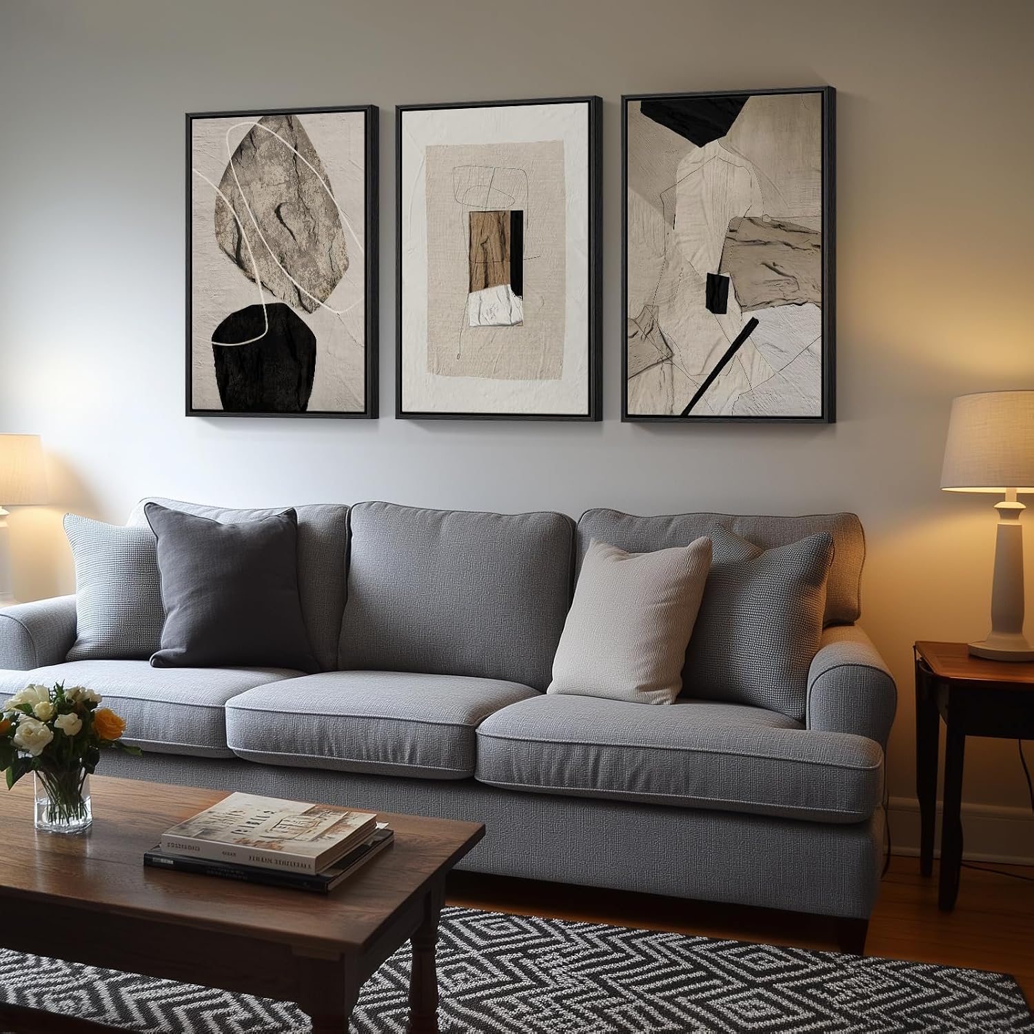 Large Framed Neutral Abstract Wall Art for Living Room, 3 Piece Modern Canvas Prints Paintings Artwork for Walls, Black and Beige Pictures for Living Room Hallway Stair Office Wall Decor 24x36 Inch - Image 2