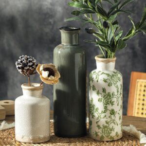 Vintage Vase Set of 3, Ceramic Vintage Flower Vases, Decorative Home Decor Retro Floral Vase Rustic Farmhouse Decor for Table Bookshelf Mantel Kitchen Living Room Office - Green and Beige