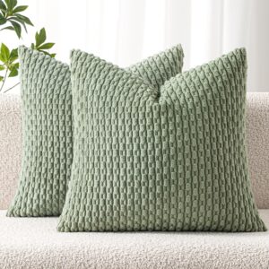 Pack of 2 Decorative Throw Pillow Covers 18x18 Inch Soft Boho Striped Textured Corduroy Pillow Covers Spring Modern Farmhouse Home Decor for Couch Bed Sofa Living Room Sage Green