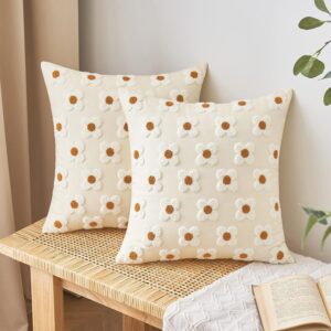 Decorative Throw Pillow Covers Sun Flower Jacquard Pillowcase Cushion Case Square for Couch Sofa Bed Living Room Bedroom Set of 2, 18x18 Inch, Beige