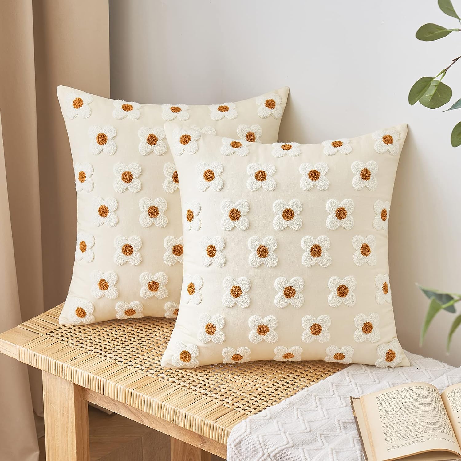 Decorative Throw Pillow Covers Sun Flower Jacquard Pillowcase Cushion Case Square for Couch Sofa Bed Living Room Bedroom Set of 2, 18x18 Inch, Beige
