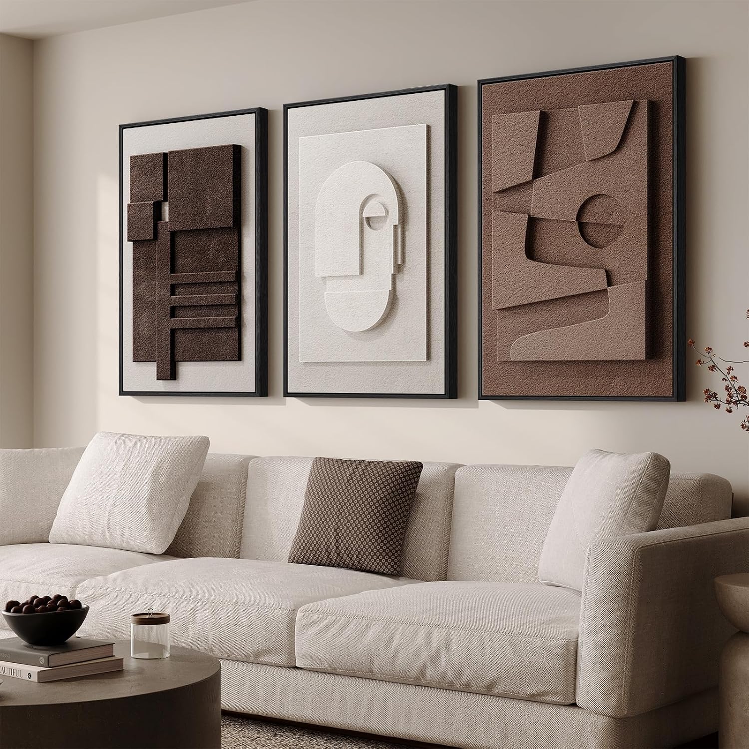 Large 3D Textured Framed Neutral Abstract Wall Art for Living Room, 3 Piece Modern Artwork for Walls, Minimalist White and Brown Geometric Wall Paintings for Hallway, Stair, Office Wall Decor 24x36 In - Image 2