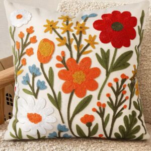 Embroidered Throw Pillow Cover 18x18 Inch - Spring Summer Boho Decorative Pillow Cover with Zipper for Living Room Couch Sofa Bed Aesthetic Design Flower Cluster Cushion Pillowcase
