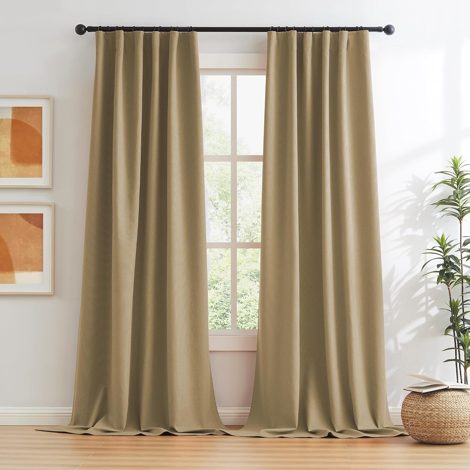 Camel-Colored Linen Blackout Curtains – Rustic/Country-Style with Back-Tab/Hook Attachment for Bedrooms (Set of 2) - Image 2