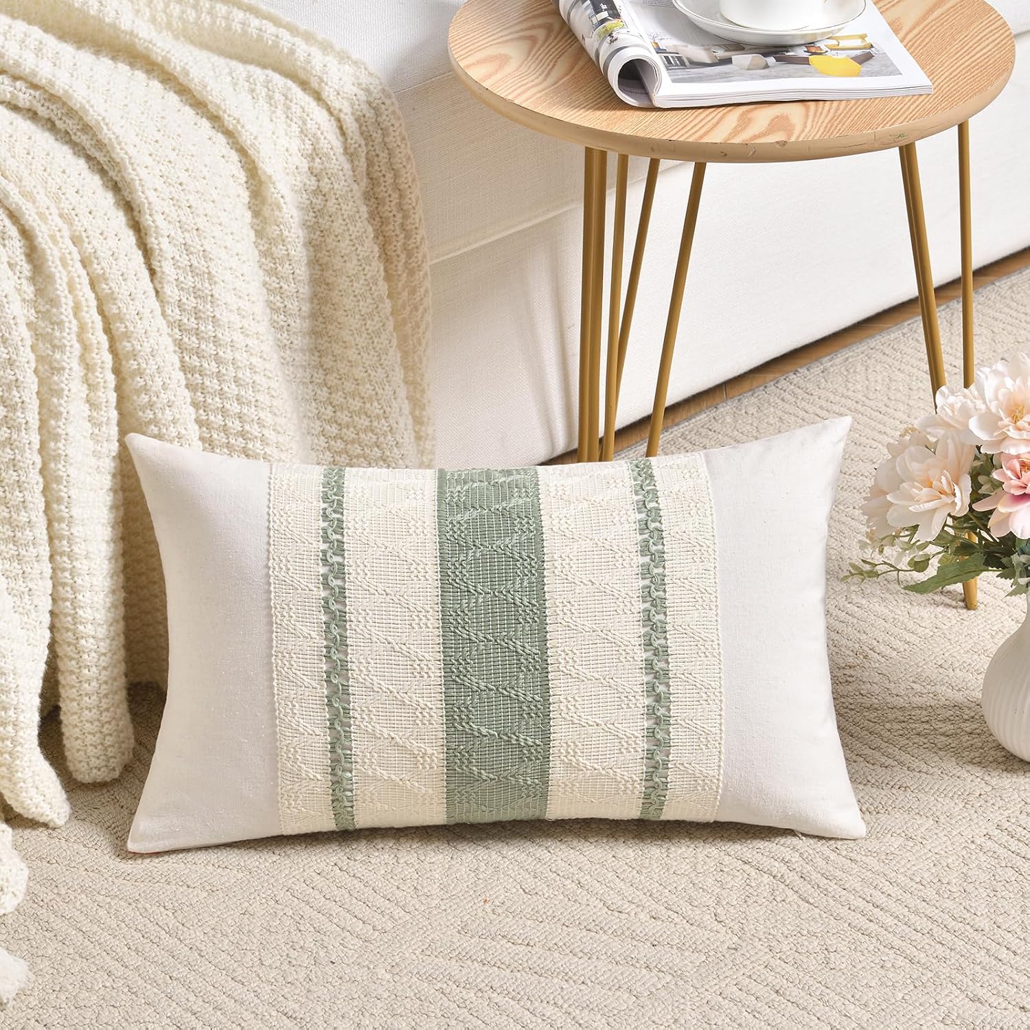Set of 2 Sage Green Boho Lumbar Decorative Throw Pillow Covers 12x20 Inch for Living Room Bedroom Couch Bed Chair, Rustic Retro Cushion Case, Bohemian Room Home Decor - Image 2