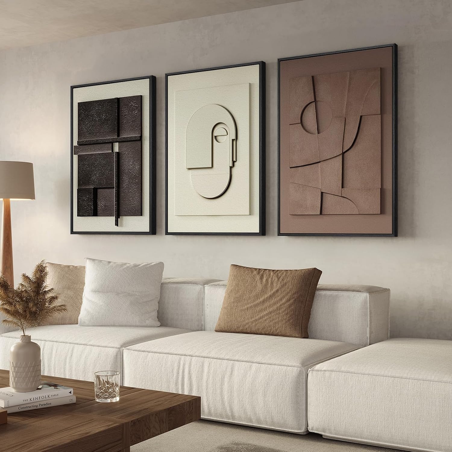 Large 3D Textured Framed Abstract Wall Art for Living Room, 3 Piece Modern Paintings Artwork for Walls, Black White Brown Geometric Sandstone Texture Pictures for Hallway Office Home Decor 24x36 In