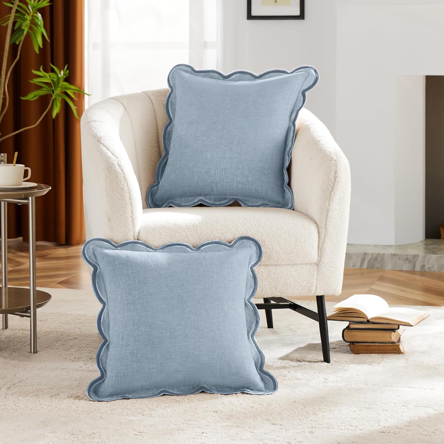 Scalloped Pillow Cover Pack of 2 Spring Chenille Decorative Throw Pillow Covers Cute Boho Couch Pillow Covers Aesthetic Funky Preppy Pillow Cases for Sofa Living Room (Misty Blue, 18x18 Inch) - Image 2