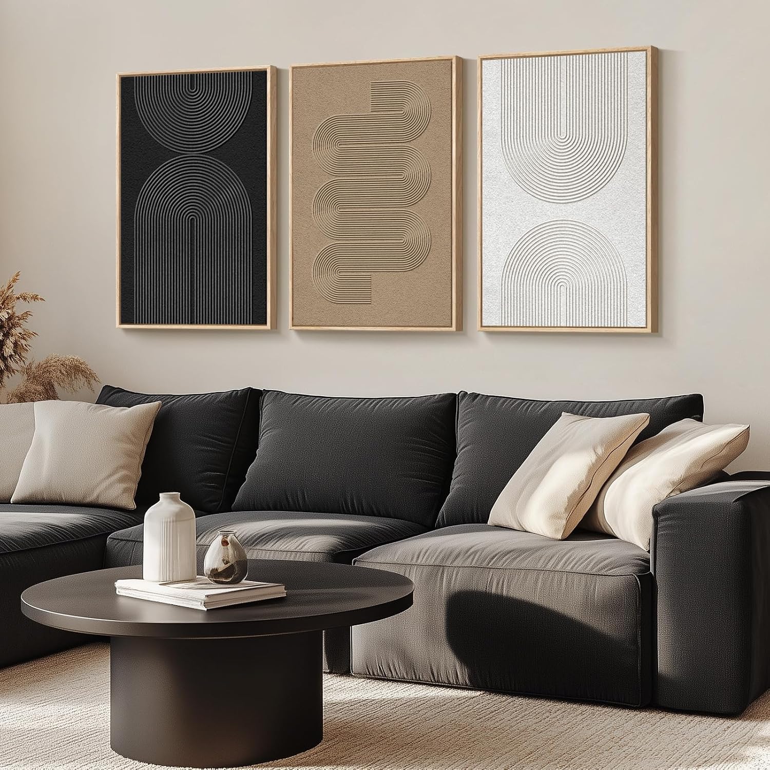 Large Framed Boho Modern Neutral Abstract Wall Art for Living Room, 3 Piece Black and White Canvas Prints Paintings Artwork for Walls, Geometric Pictures for Office Bedroom Dining Room Decor, 24x36 In - Image 2