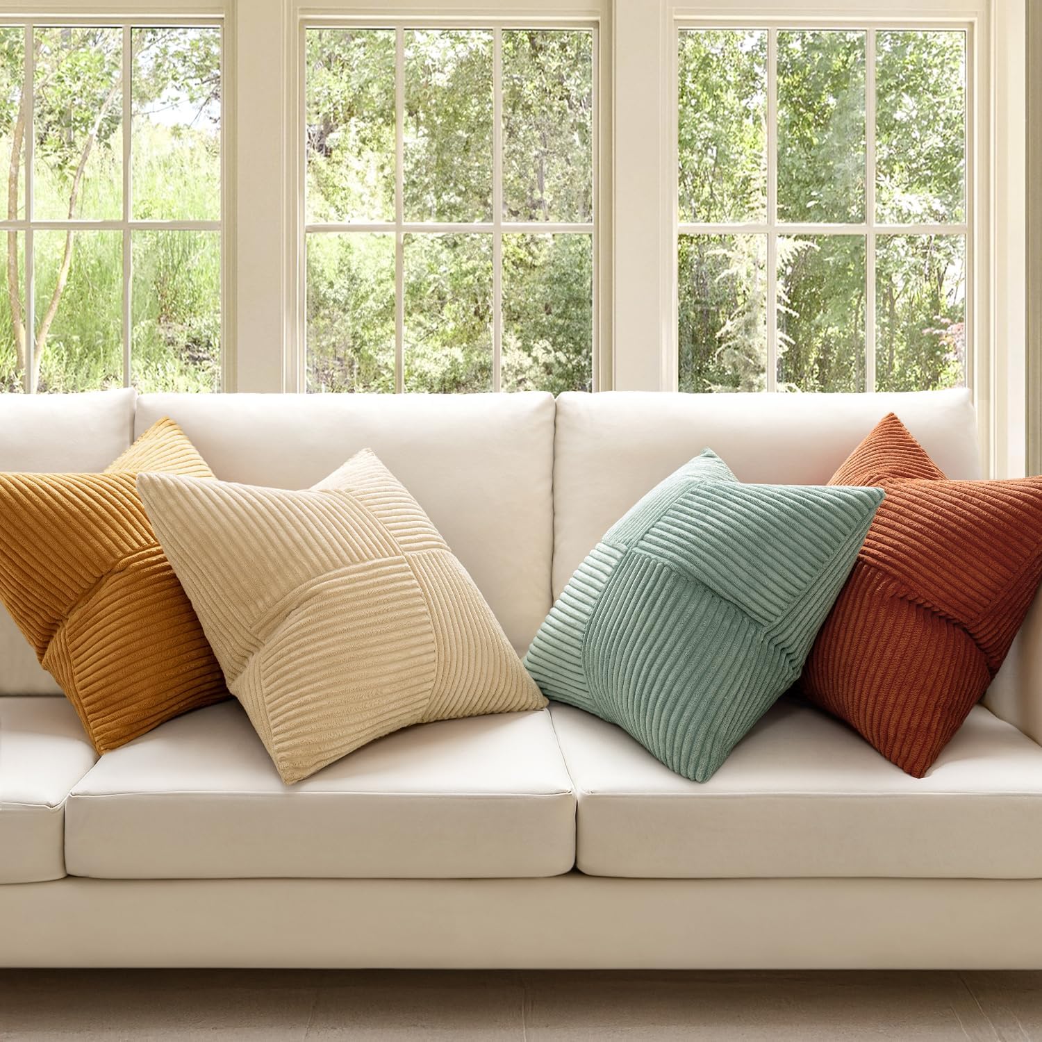 Teal Orange Decorative Throw Pillow Covers 18x18 Inch Set of 4 Boho Corduroy Striped Cushion Cases Modern Farmhouse Patchwork Pillow Cases for Couch Sofa Bedroom Home Decor - Image 2