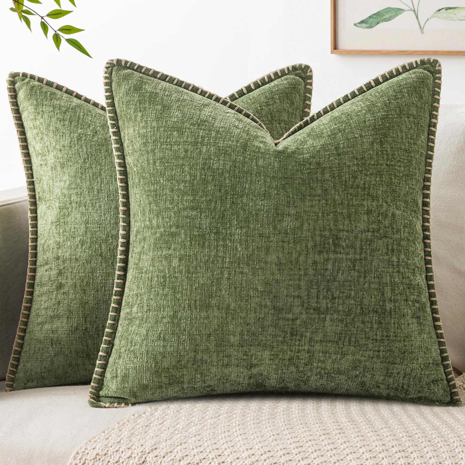Pack of 2 Couch Throw Pillow Covers 18x18 Inch Sage Green Farmhouse Decorative Pillow Covers with Stitched Edge Soft Chenille Solid Dyed Summer Pillow Covers for Sofa Bed Living Room