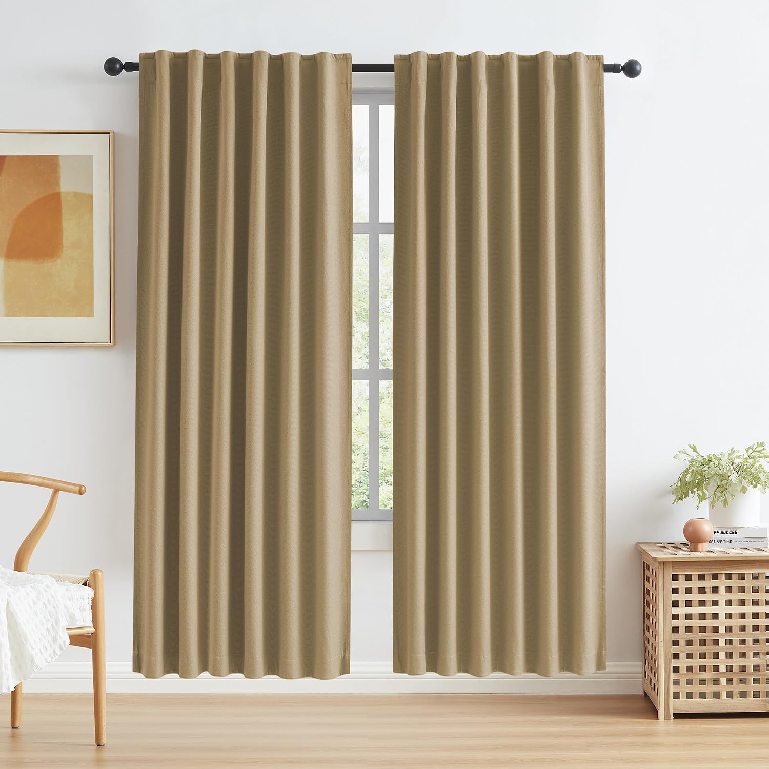 Camel-Colored Linen Blackout Curtains – Rustic/Country-Style with Back-Tab/Hook Attachment for Bedrooms (Set of 2)