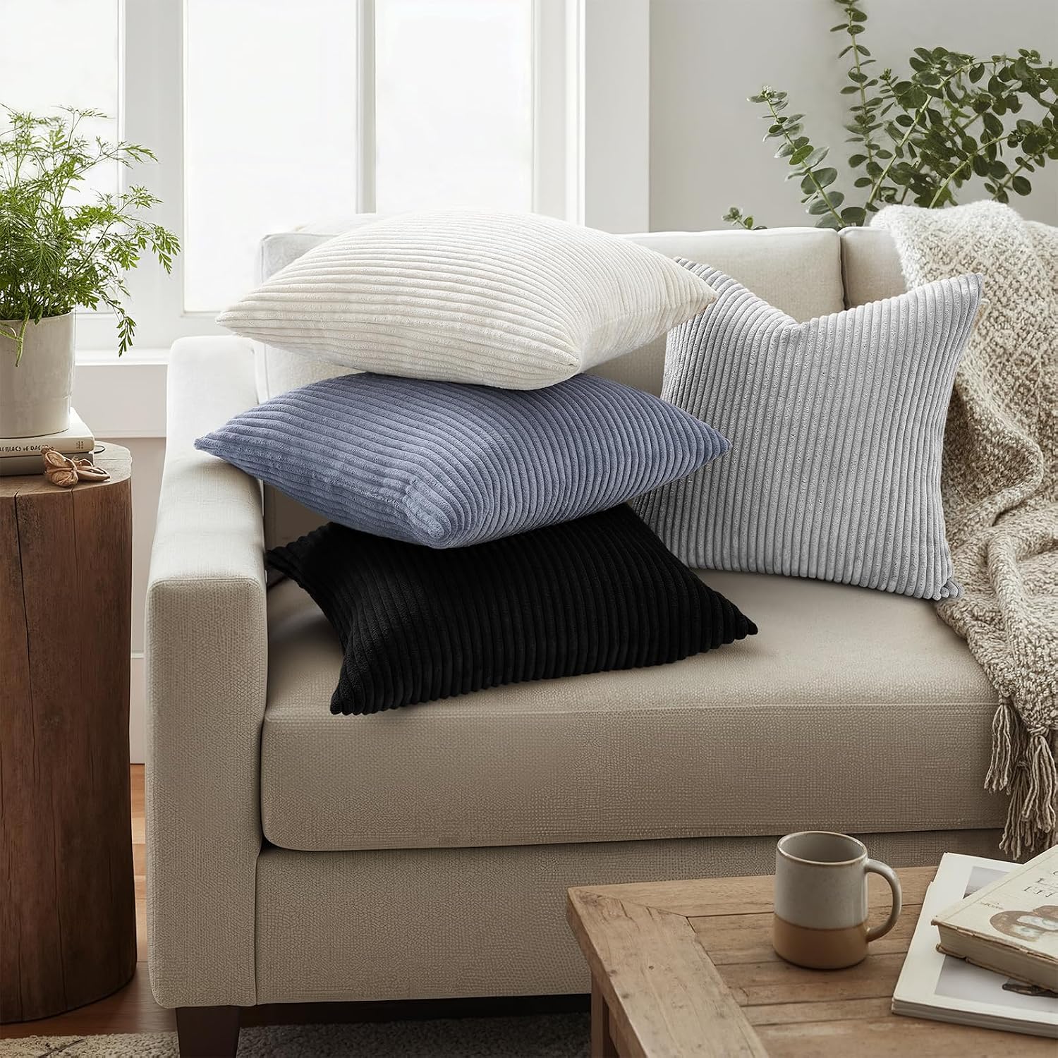 Mec Corduroy Summer Decorative Throw Pillow Covers 18x18 Set of 2 for Sofa Living Room, Soft Neutral Boho Couch Pillow Covers for Home Decor, Black - Image 2